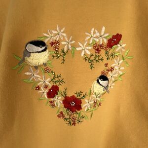 Vtg Morning Sun Yellow Embroidered Bird Floral Heart Sweatshirt 2XL Cottagecore